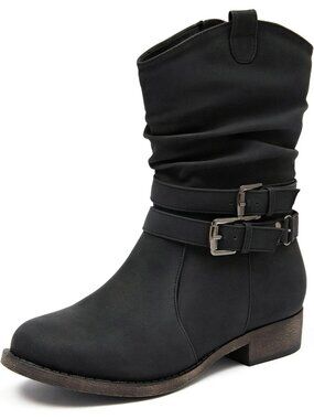 Women's Black Mid-Calf Boots Round Toe Low Heel Zipper Booties Cowgirl Boots
